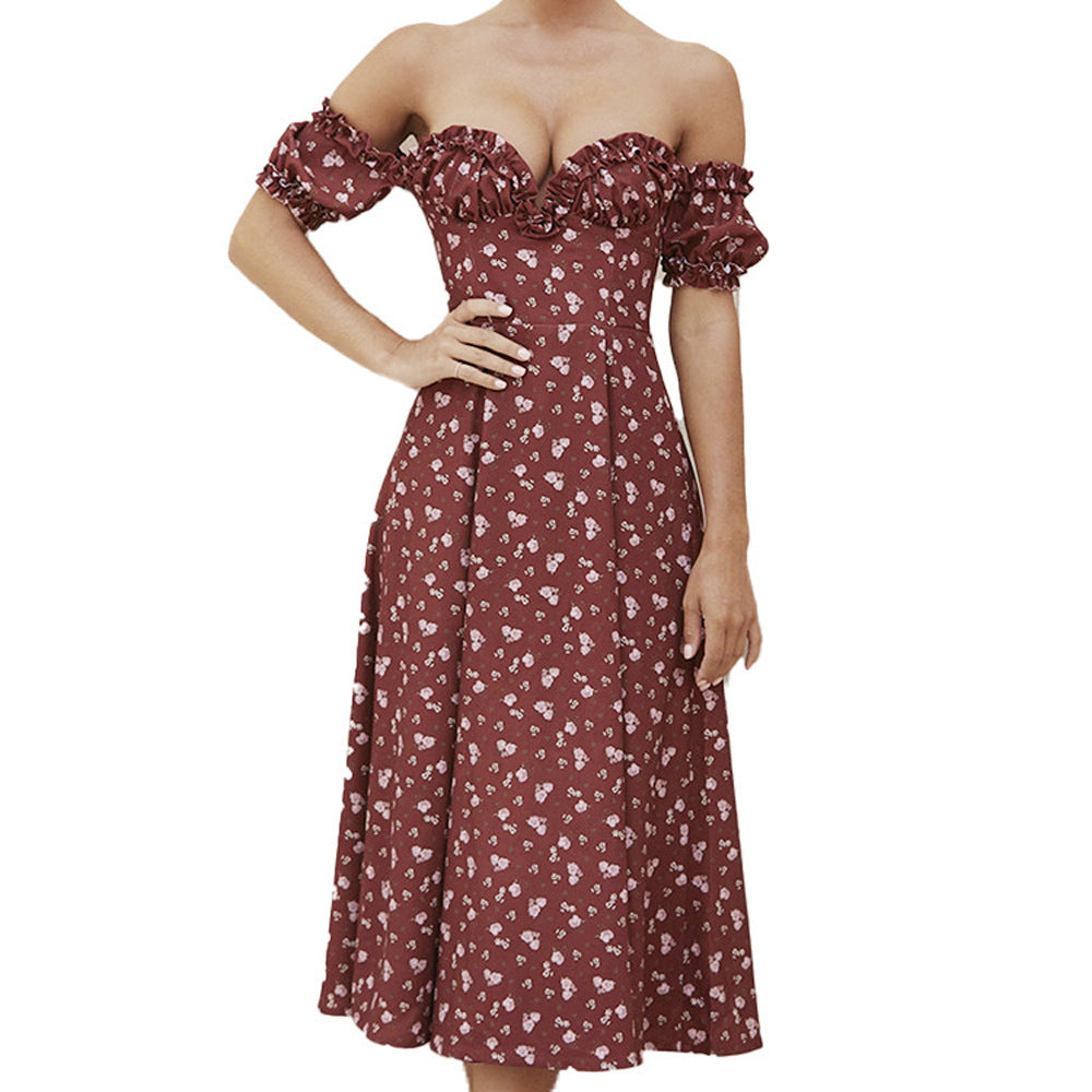 Dame Off-Shoulder Midikjole med Flæse og Florale Accenter Stilla