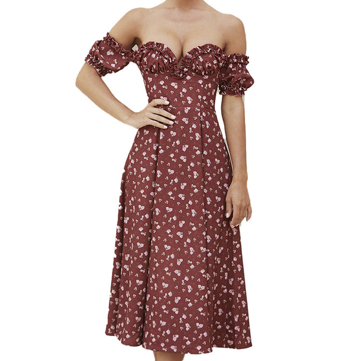 Dame Off-Shoulder Midikjole med Flæse og Florale Accenter Stilla
