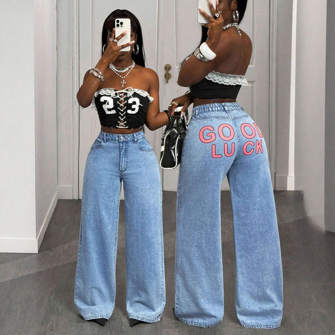 Kvinder Højtaljede Vidde-Ben Jeans med statement Print Stilla