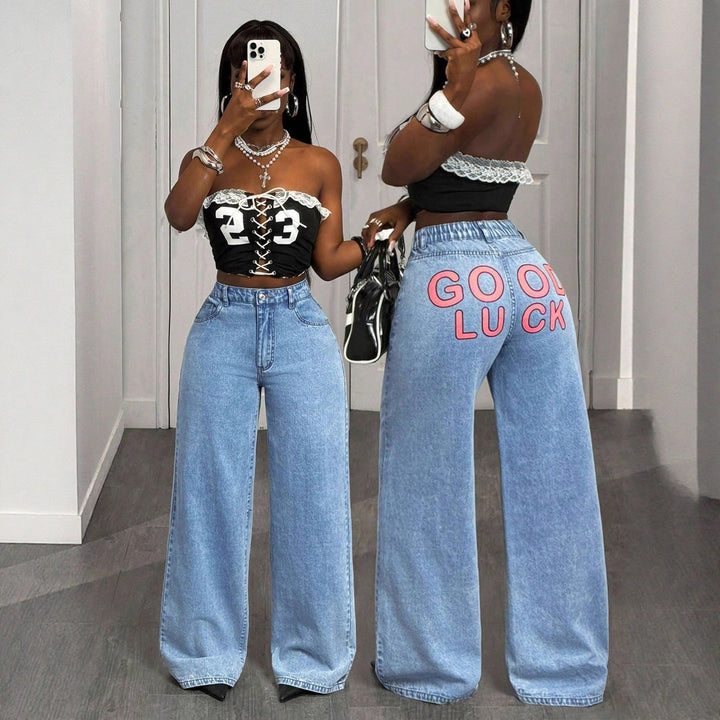 Kvinder Højtaljede Vidde-Ben Jeans med statement Print Stilla