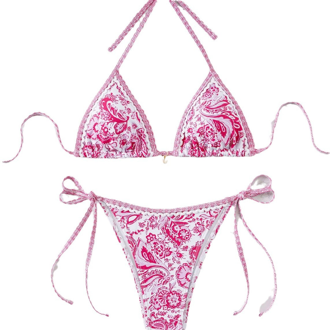 Dame Triangel-Bikini med legende blomsterdesign og bånd