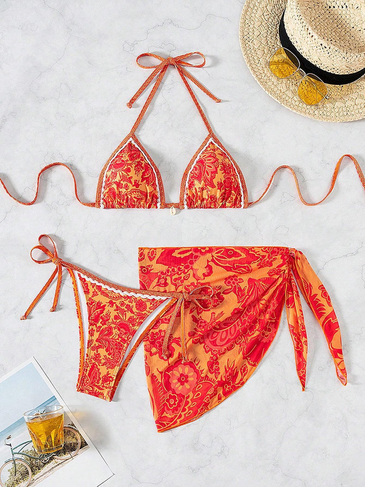 Dame triangel-bikini-sæt med elegant indpakningsskørt Skovae