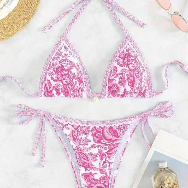 Dame triangelbikini med blomstermønster og justerbare bindebånd Skovae