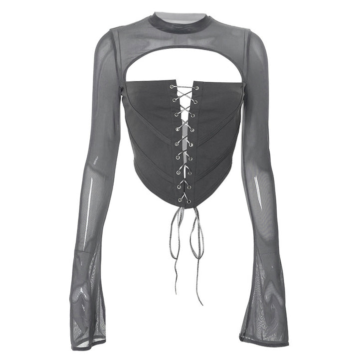Dame designermode top med snørehulsdetalje og transparente ærmer Stilla