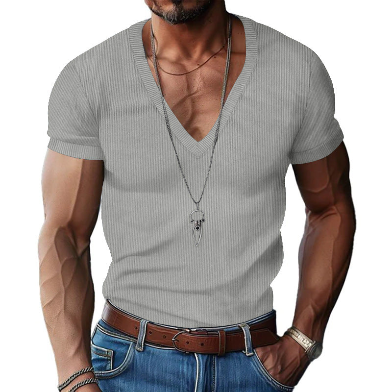 Herre nan struktureret V-hals ribjersey-shirt med kort ærme og tætsiddende pasform Skovae