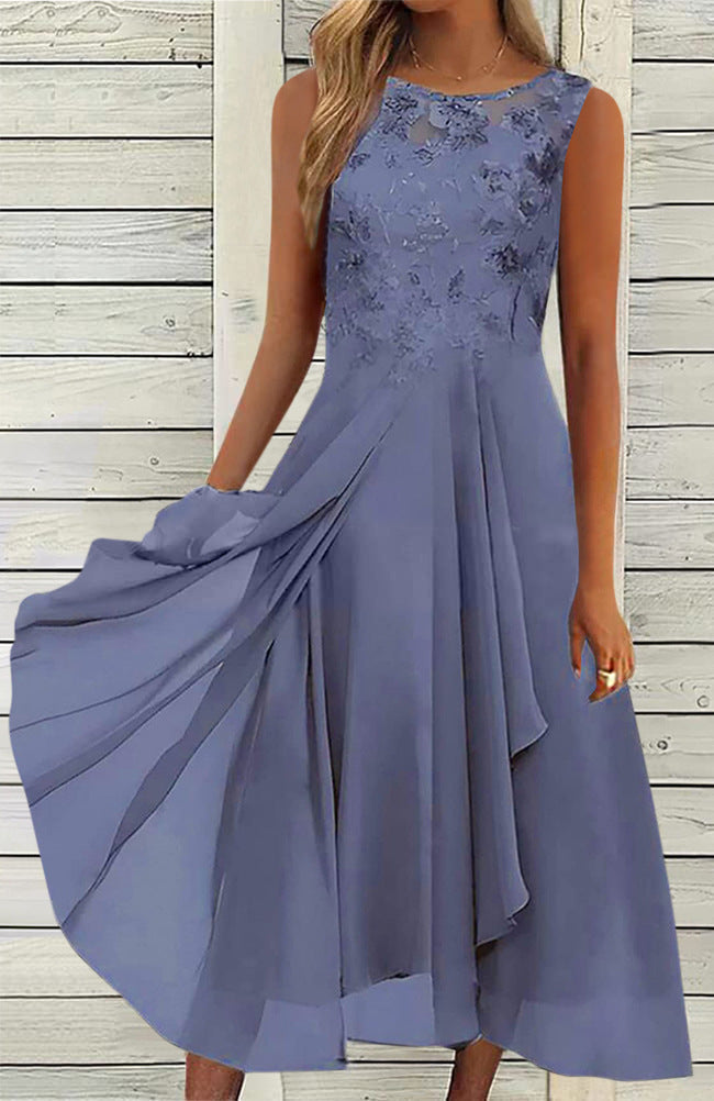 Dame uden ærmer chiffon midi kjole med broderet brystparti og asymmetrisk lag nederdel Skovae