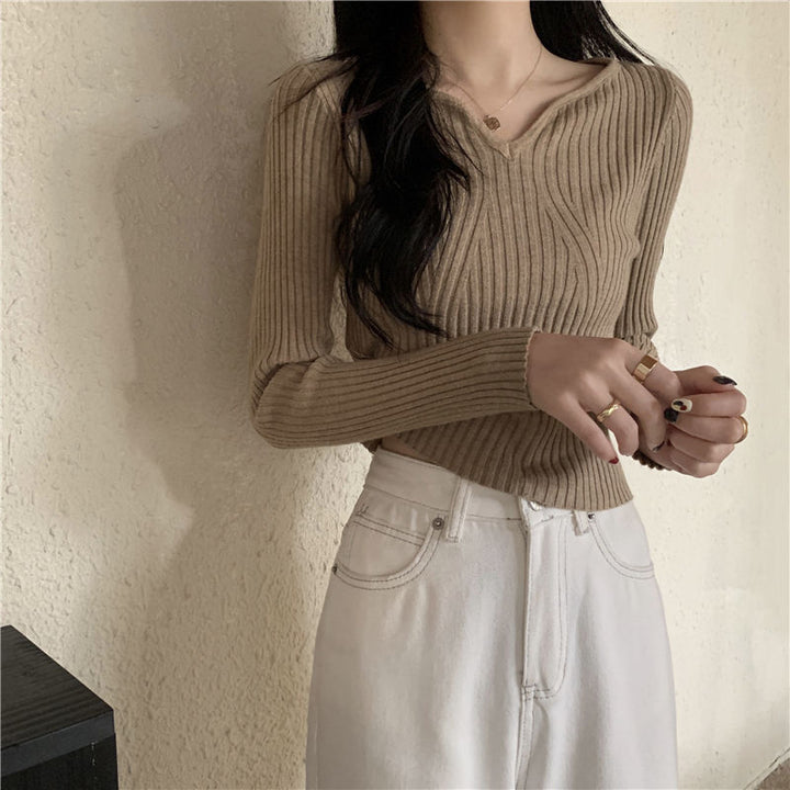 Kvinders V-formede finstrikket sweater med ribstruktur Stilla
