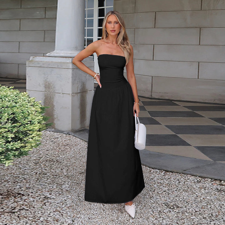 Dame elegant bandeau maxikjole med svingende nederdel og elastisk talje Skovae