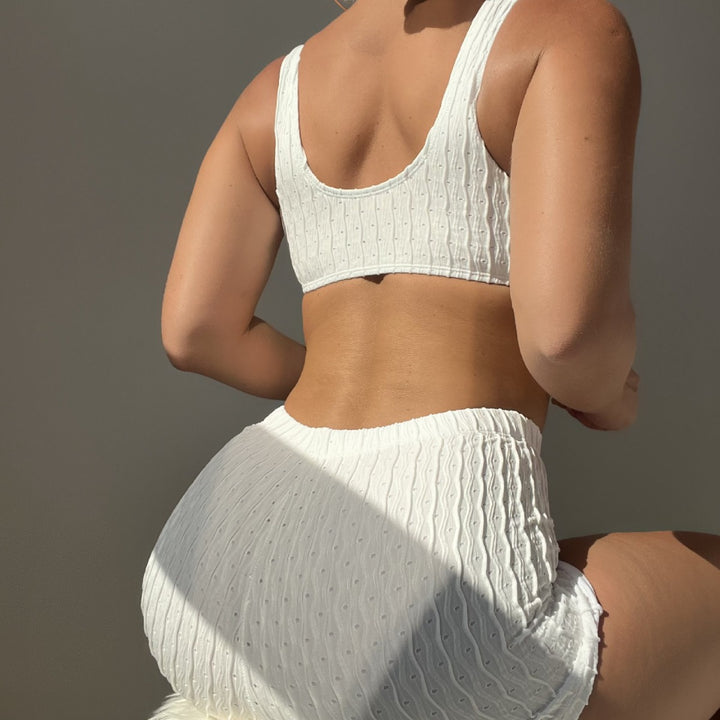 Femme Strik Crop Top og højtaljede Shorts-Sæt Stilla
