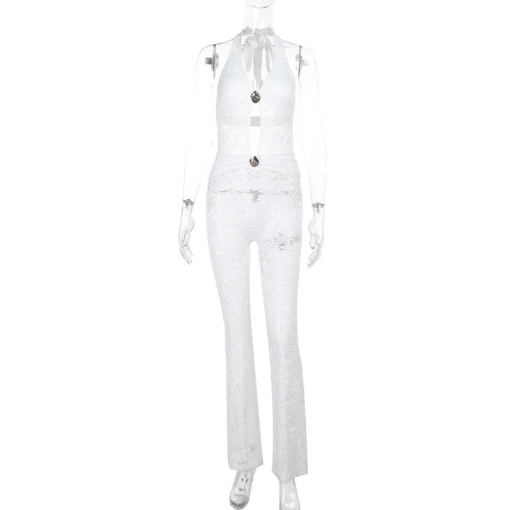 Dame elegant jumpsuit med flot snøring og gennemsigtig lacedesign Skovae