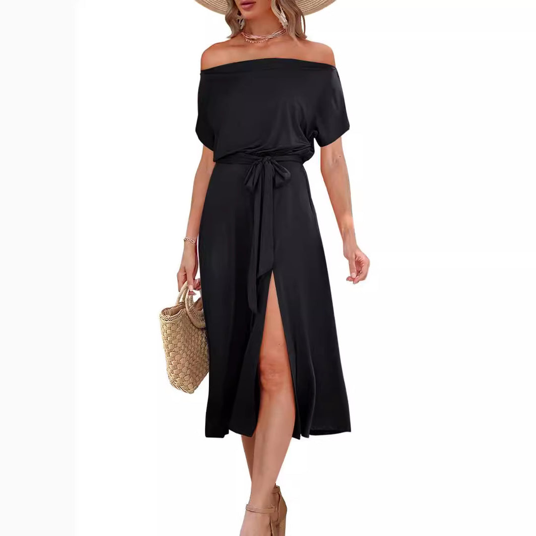 Dame elegant Midi-kjole med split og off-shoulder design Stilla