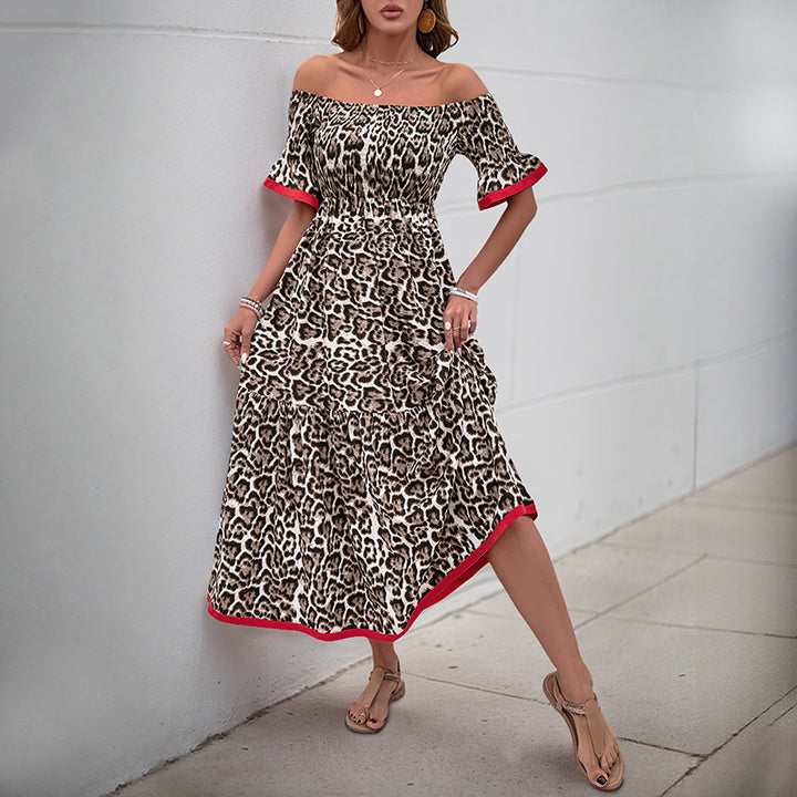 Dame Off-Shoulder Maxikjole med dyreprint og flæsedetaljer Stilla