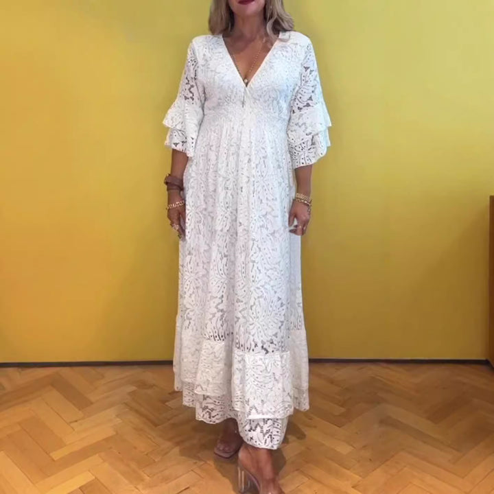 Dame nan Boho-spids-maxikjole med V-udskæring, underbust-syning og lagdelt flæseærmer Skovae
