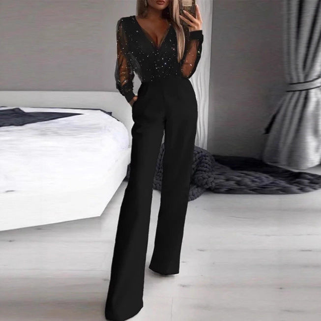 Kvinder Elegant Jumpsuit med Transparent Bluse og Glitrende Akcenter Skovae