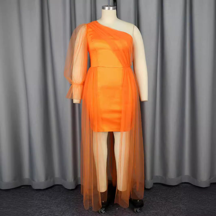 Dame elegant one-shoulder kjole med gennemsigtig tulleovertræk Skovae
