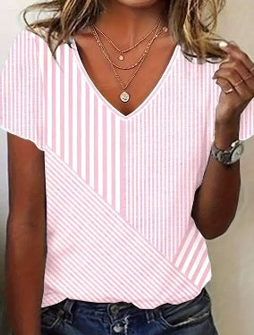 Dame nan striped V-neck blouse with asymmetric stripe mix and short sleeves Skovae