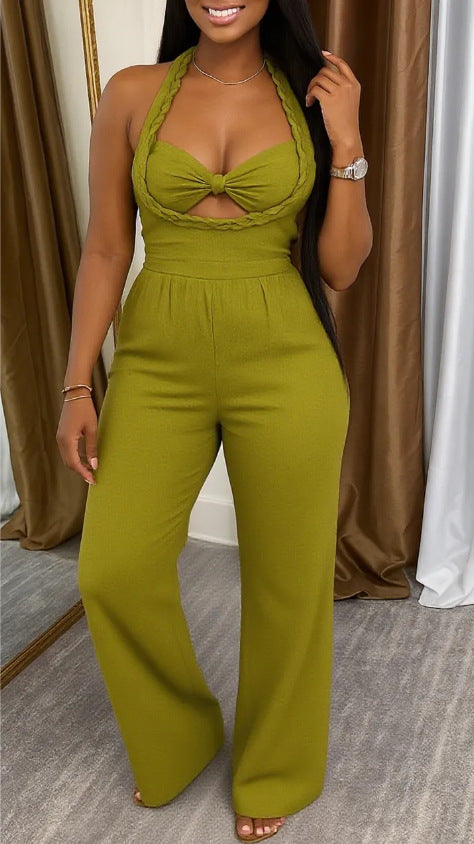 Dame nan skræddersyet halterneck jumpsuit med flettede stropper, knyttet bustier og bred bukseben Skovae