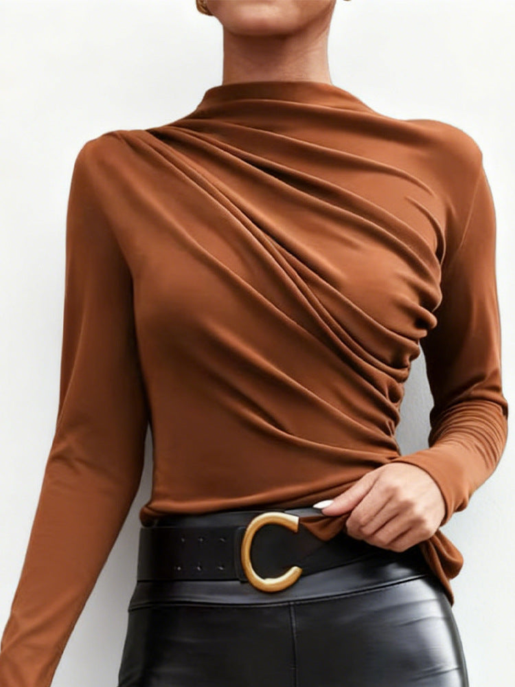 Dame elegant skjorte med lange ærmer med luksuriøs draperet design og stilfuld ståkrave Skovae
