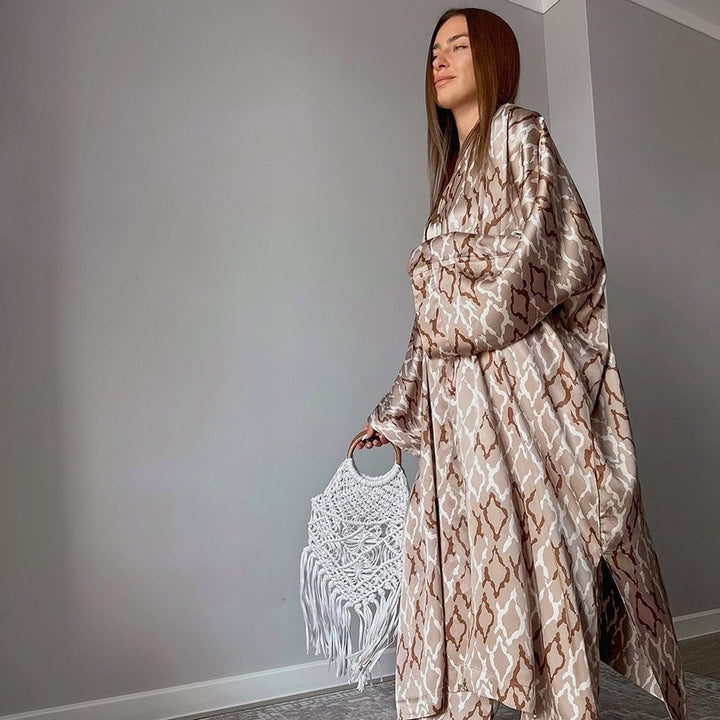 Dame Satin Kimono-Sæt med vid snit og elegante mønstre Stilla