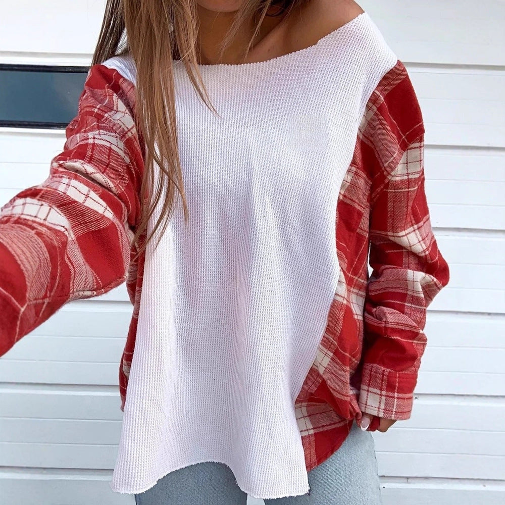 Dame nan Oversize Langærmet T-shirt i materialemix med struktureret vaffelstrik-front og ternet ærmedel. Skovae