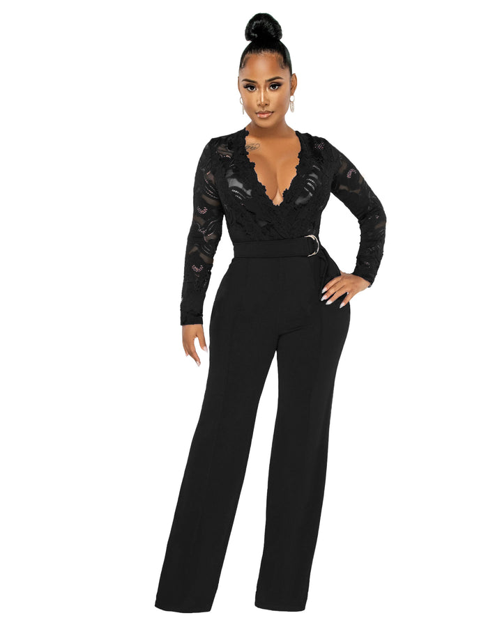 Dame Elegant Jumpsuit med dyb V-udskæring og spidsedetaljer Stilla