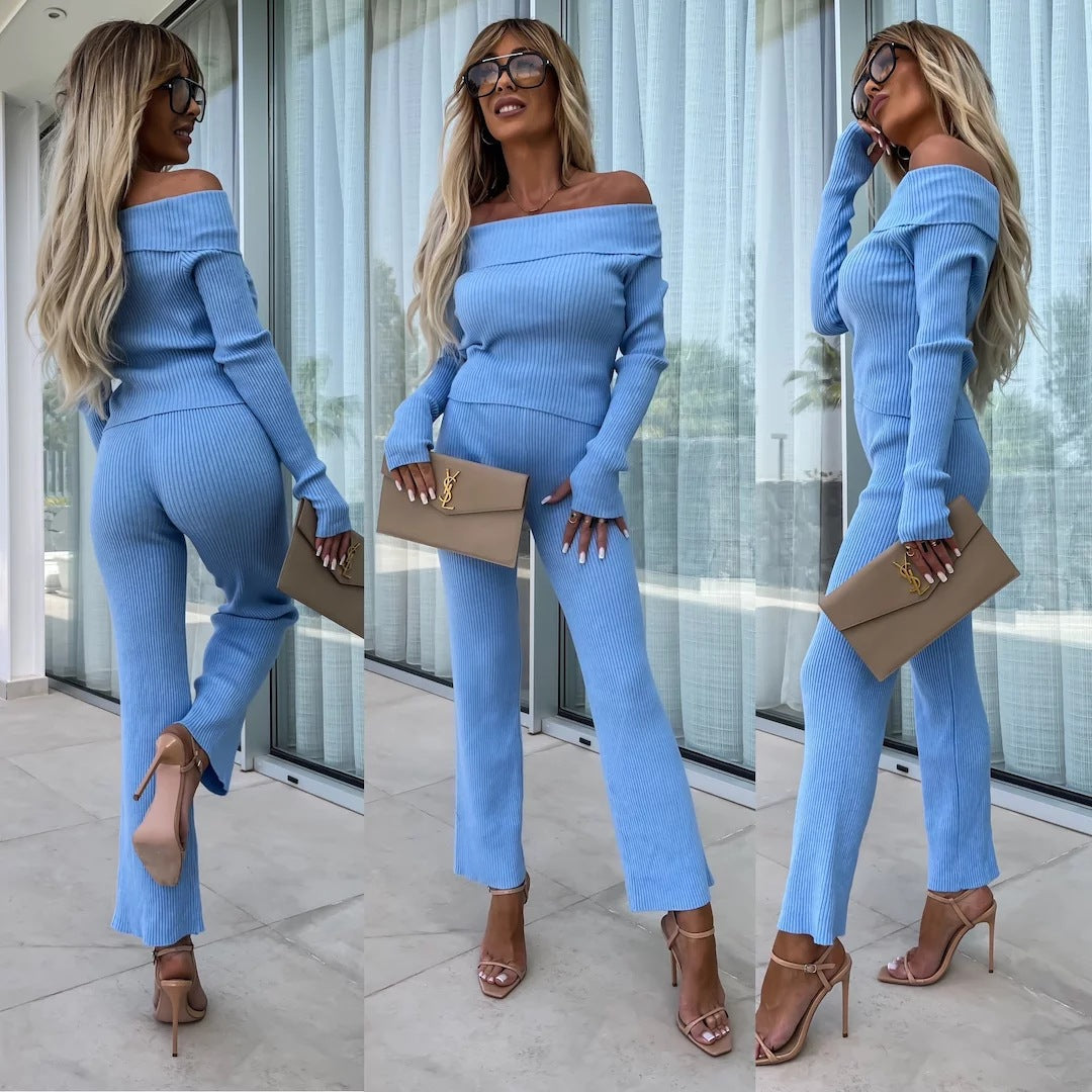 Kvindernes elegante strikket dragt med off-shoulder design og bredde ben Skovae