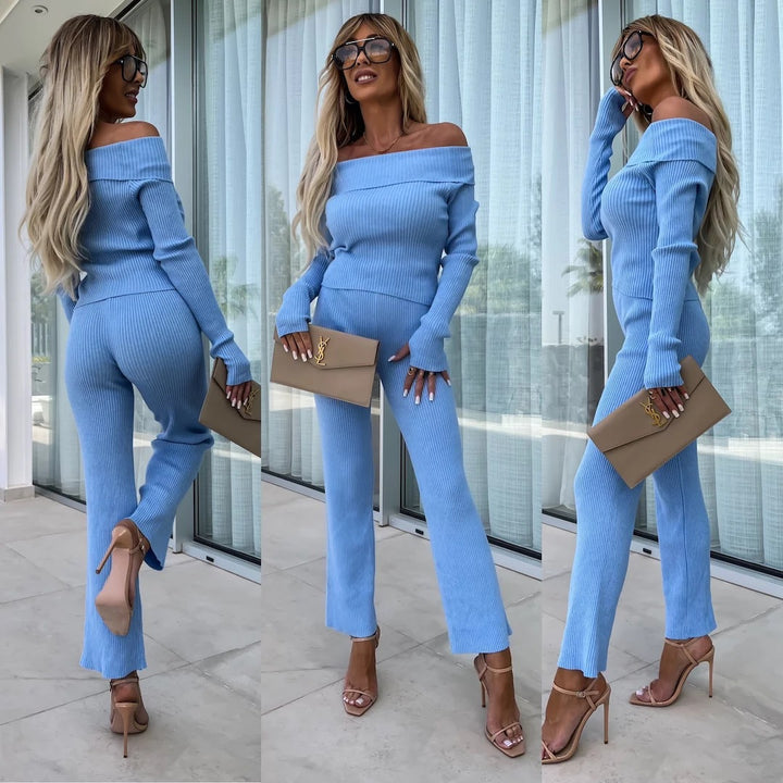 Kvindernes elegante strikket dragt med off-shoulder design og bredde ben Skovae