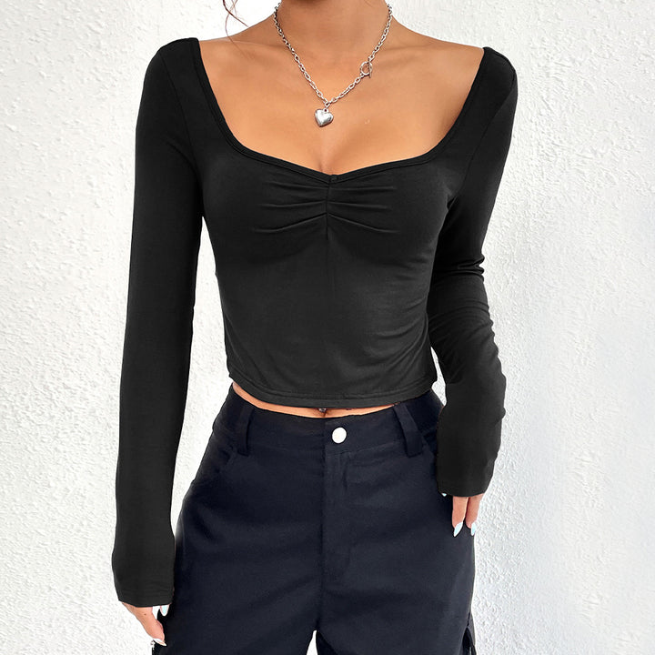 Kvindernes elegante langærmede cropped top med chikt samlingseffekt Stilla