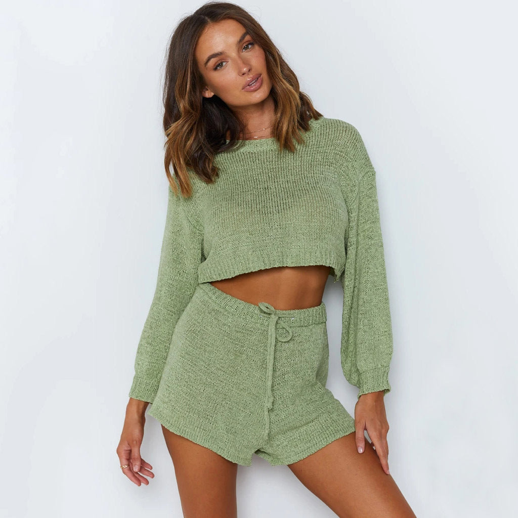 Damer Crop Strik Suit med Løse Shorts og Elegant Ærmer Skovae