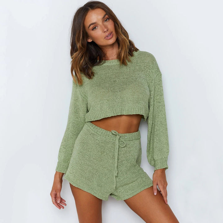 Damer Crop Strik Suit med Løse Shorts og Elegant Ærmer Skovae
