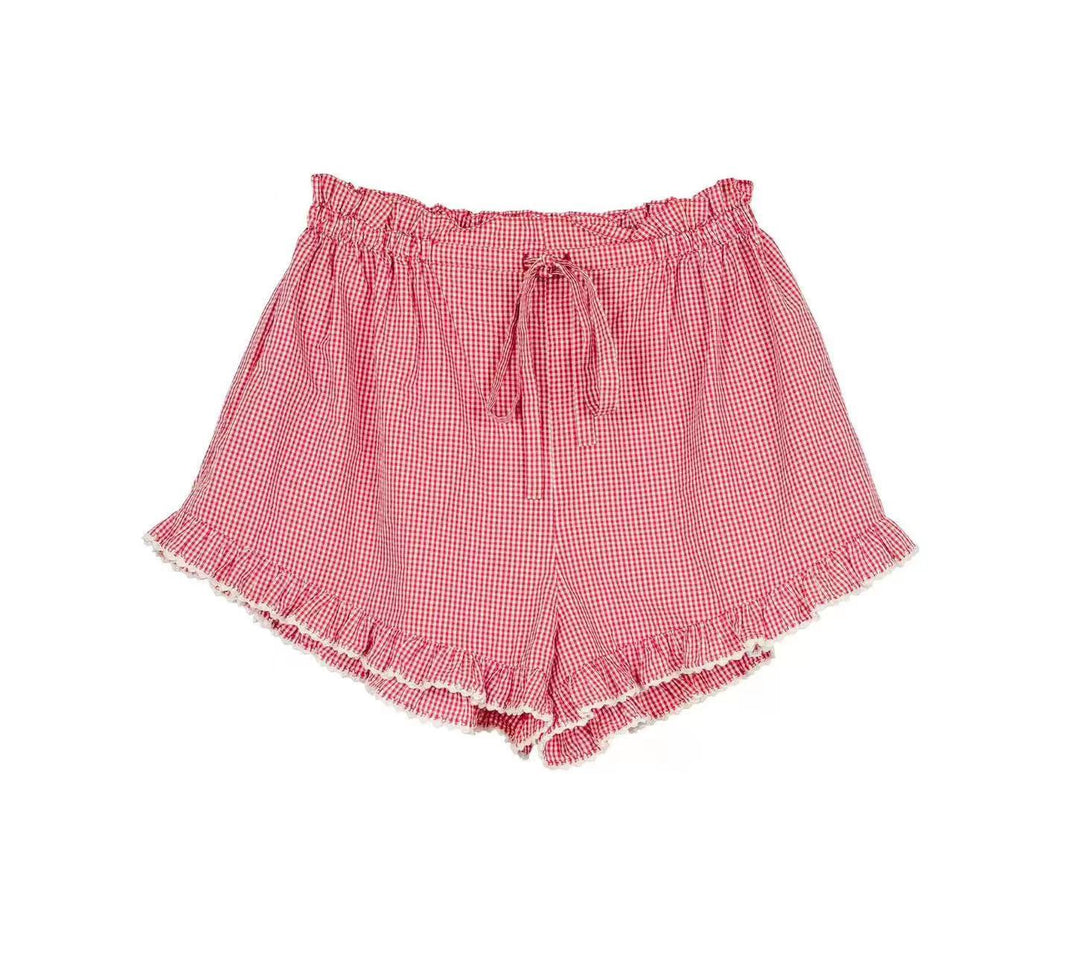 Dame fritidsshorts med elastisk talje og legesygt flæsefor. Stilla