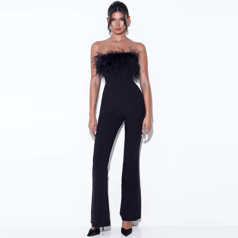 Dame Culotte-Overall med Glamourøst Fjerbesæt Skovae