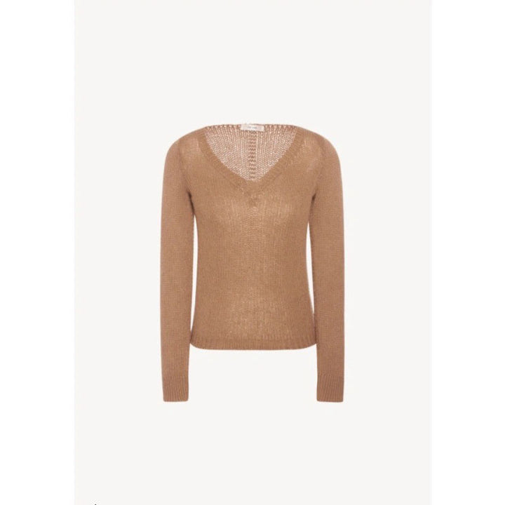 Dame elegant V-hals strikpullover i fin uld med afslappet design og ribstrikdetaljer Stilla
