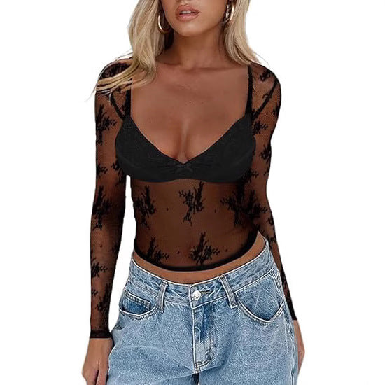 Dame Gennemsigtig Spidsbluse med elegante detaljer Skovae