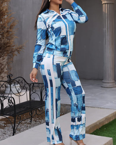 Dame Denim-Loungewear-sæt med moderne grafikdesign Stilla