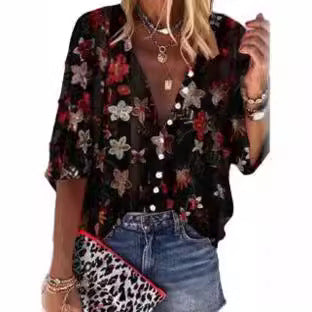 Kvindernes Gennemsigtige Bluse med Blomsterbroderi og Oversized Snit