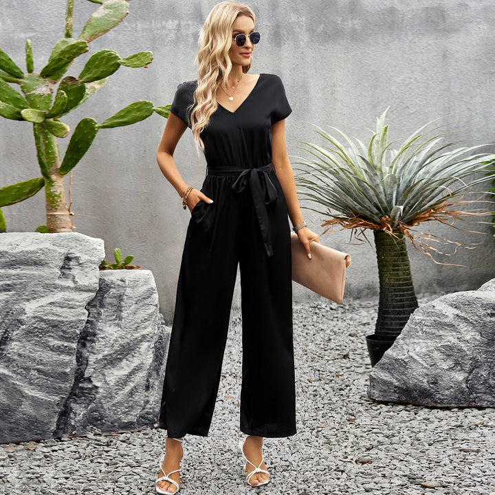 Dame Elegant Jumpsuit med V-udskæring og Bindebælte Skovae