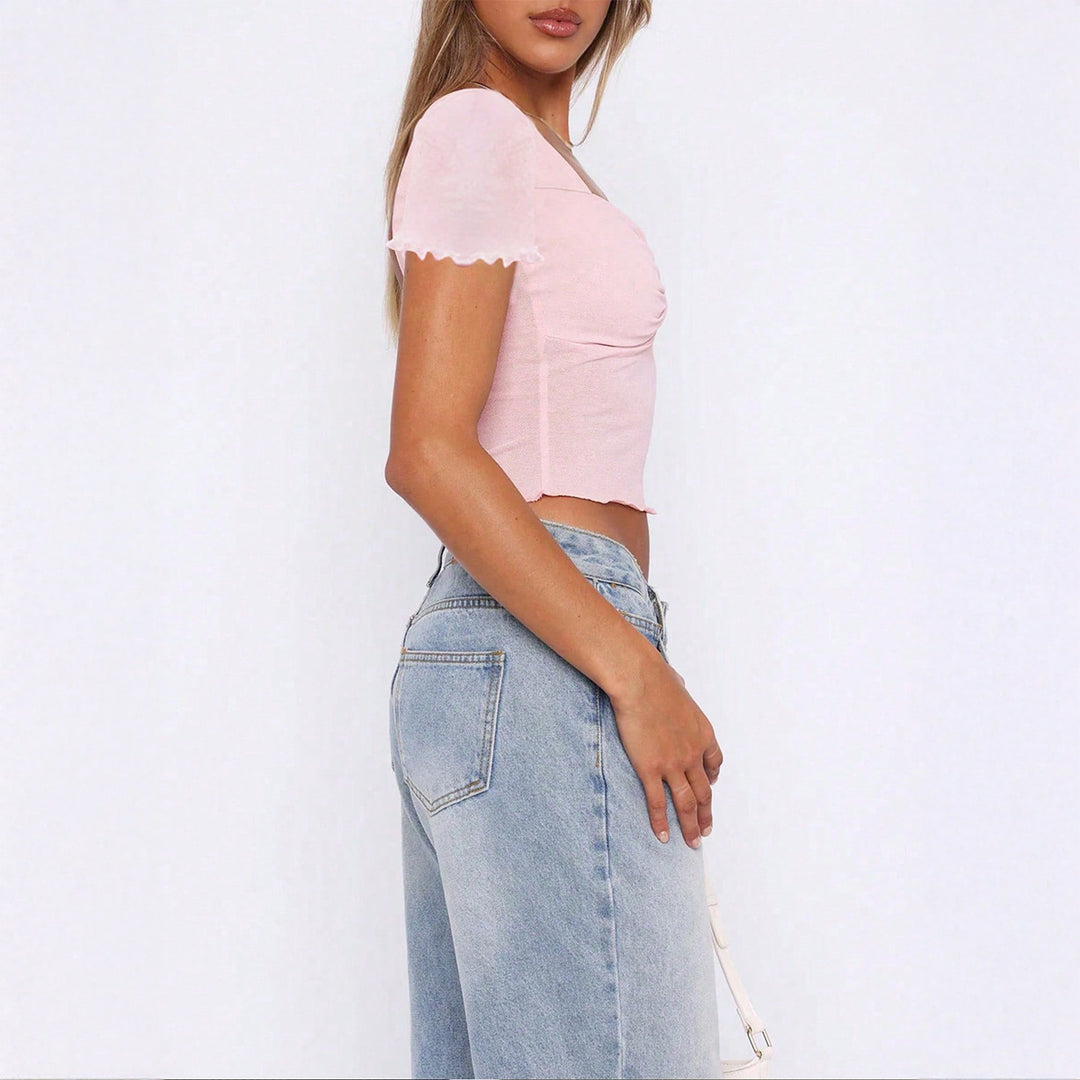 Dame Crop-Top med hjerteformet udskæring og flæsede detaljer Stilla