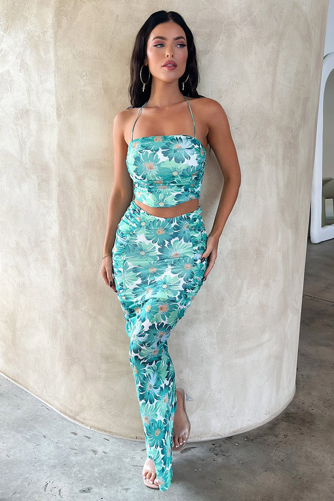 Dame Elegant Crop-Top og Maxiskørt sæt med blomsterdesign Skovae