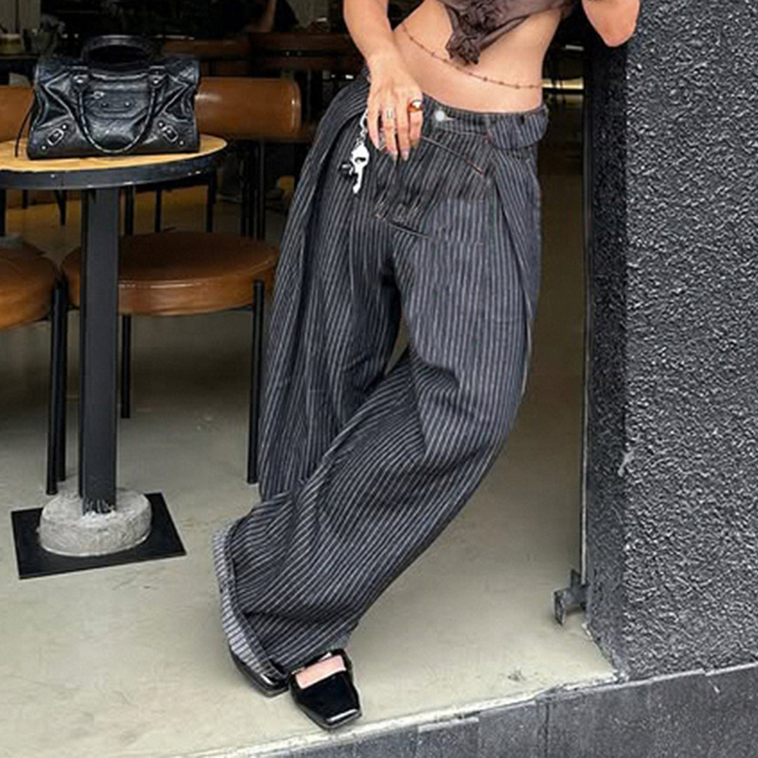 Dame Bred Højtaljede Stribet Jeans Skovae