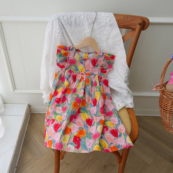 Pige Floral Print Ruffle A-Linje Kjole Stilla