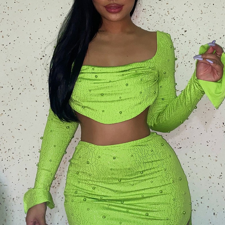 Dame Elegant Crop-top med lange, gennemsigtige ærmer og glitrende accenter Skovae