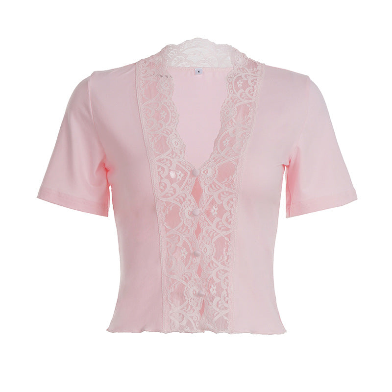 Damen elegantes Kurzarmoberteil mit zarten Spitzenakzenten Skovae