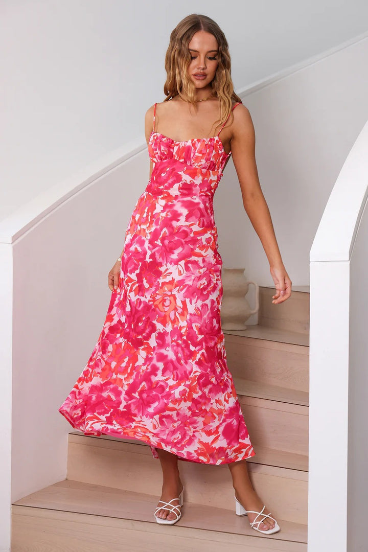 Dame Blomster Maxi Kjole med Rüschaft Stilla