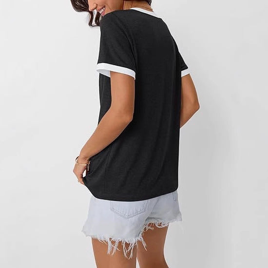 Dame V-hals T-shirt med kontrasterende ærmeafslutninger Stilla