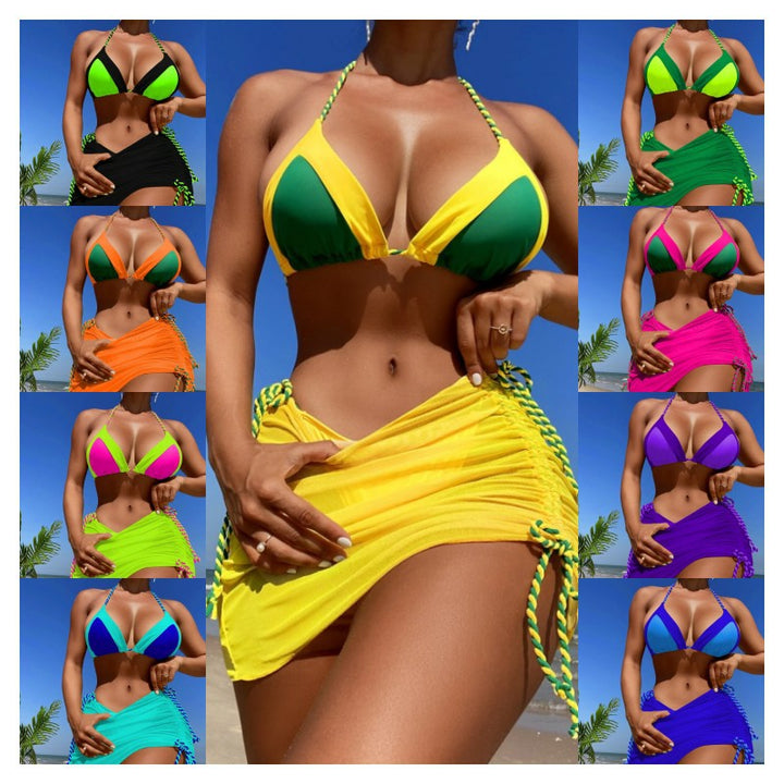 Dame bikini sæt med raffineret indpakningsskørt og farverigt knude-design Stilla