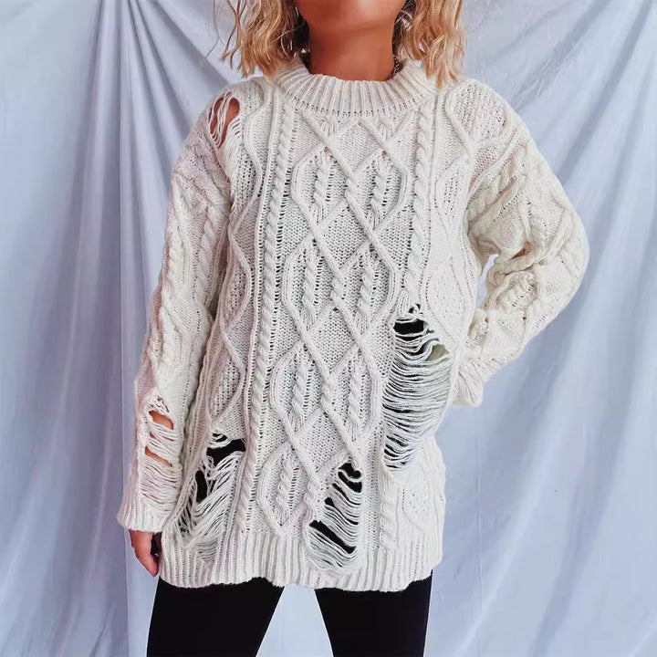Dame casual oversized sweater med tekstureret kabelmønster og frynser Stilla