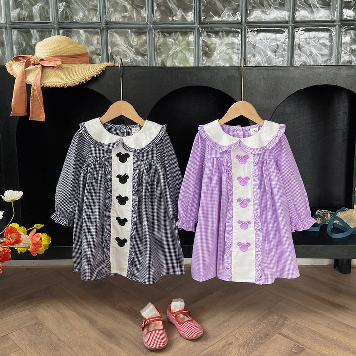 Pige vintage-inspireret gingham-kjole med kontrastfarvet krave Stilla