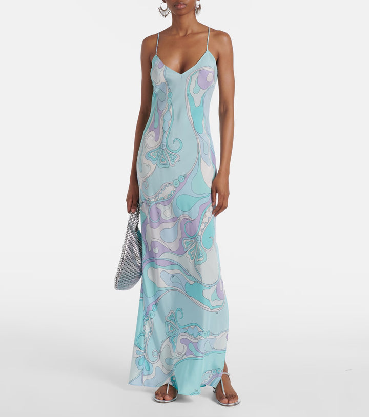 Dame nan elegant Slip-maxikjole med V-udskæring, filigran spaghetti-stropper og retro-grafisk allover-print Skovae