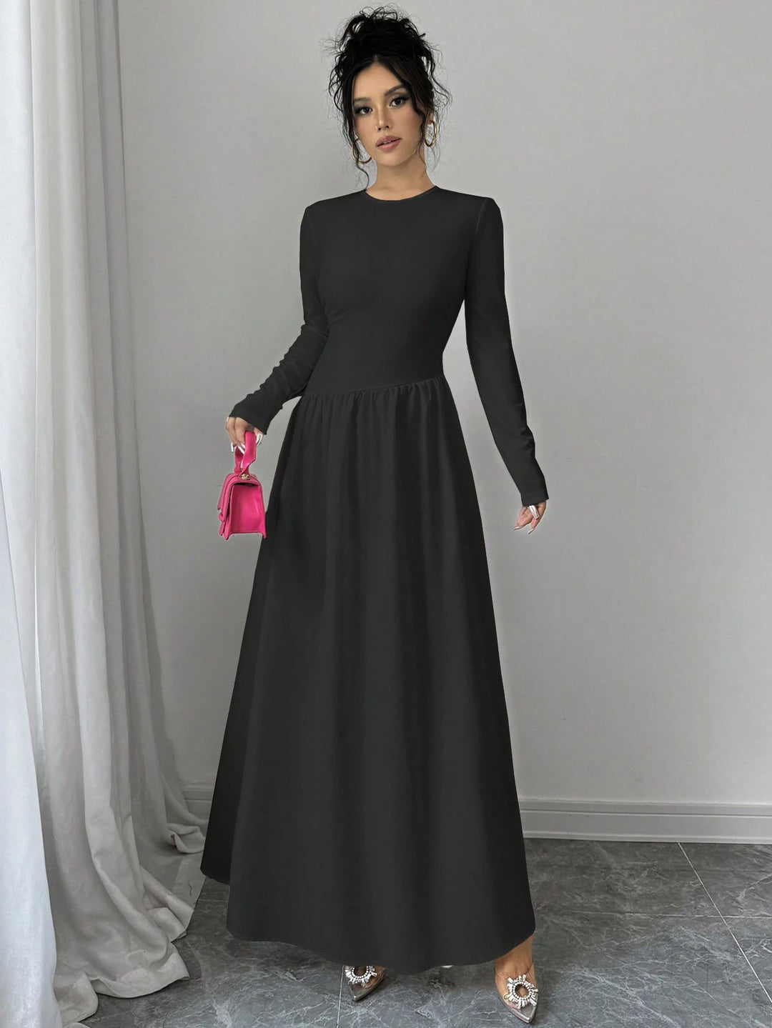 Dame elegant Maxikjole med lange ærmer og vid nederdel Stilla